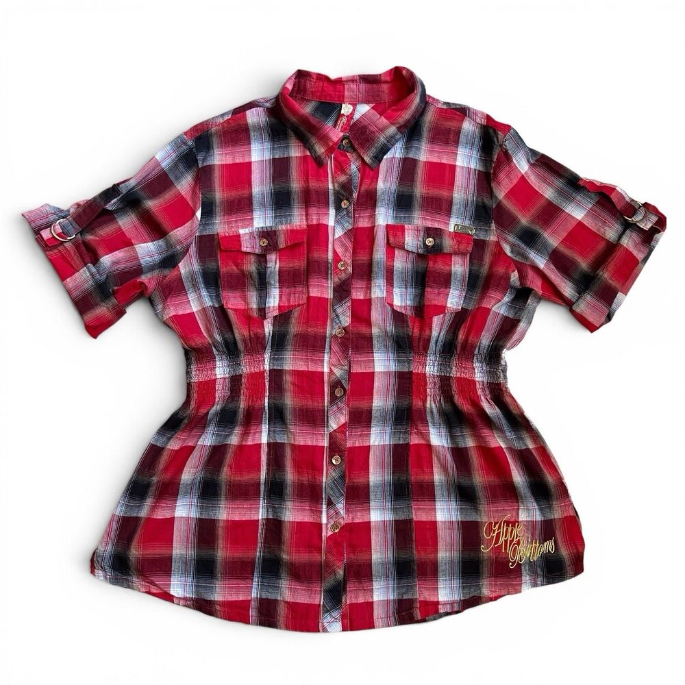 Vintage Y2K Apple Bottoms Plaid Button Up Shirt 2XL Smocked Embroidered Logo